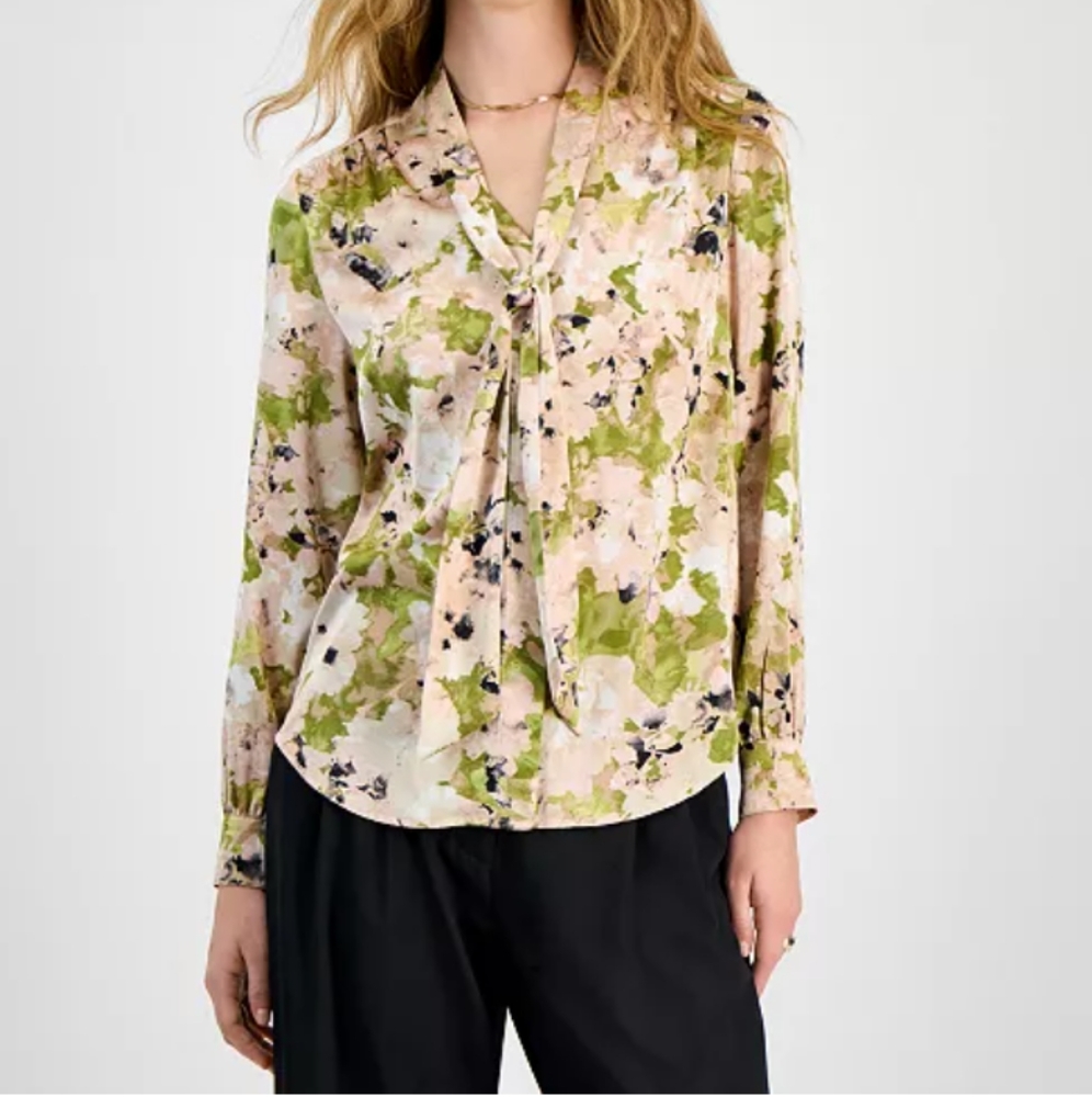 Bar III Women's Floral Tie-Neck Blouse - Picture 2 of 7